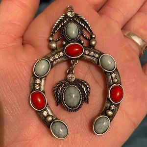 Turquoise and Coral Silver Set Squash Blossom Native American Style Pendant